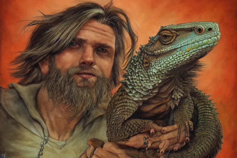 Prompt: 1979 Portrait of a wizard with the head of a bearded dragon fantasy style by Chris Rahn. Trending on r/characterdrawing