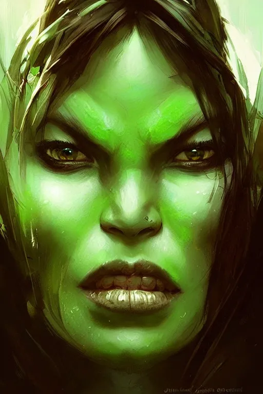 Image similar to green orc female, light green tone beautiful face, by artgerm, by greg rutkowski, by jeremy mann, digital painting