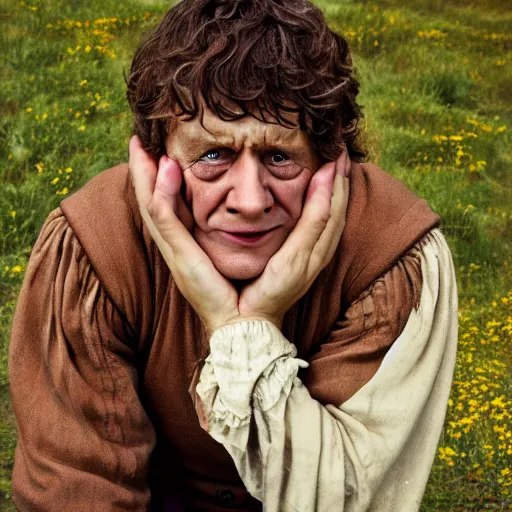 Prompt: bilbo baggins crying, old fashioned photography
