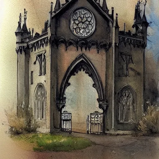 Prompt: (((((((watercolor sketch of Gothic revival castle gatehouse))))))) . muted colors. by Jean-Baptiste Monge !!!!!!!!!!!!!!!!!!!!!!!!!!!!!!!!!!!!!!!! ((((((((((((((((((watercolor sketch))))))))))))))))))
