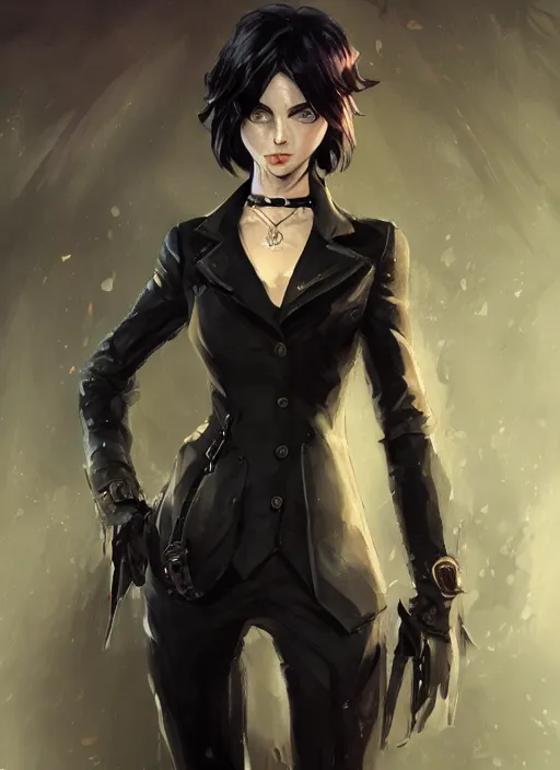 Image similar to a highly detailed illustration of beautiful short black messy haired woman wearing eyepatch!!! and noir style suit and tie, dramatic smiling pose, intricate, elegant, highly detailed, centered, digital painting, artstation, concept art, smooth, sharp focus, league of legends concept art, WLOP