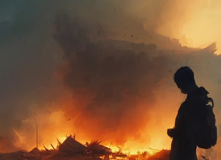 Prompt: the silhouette of a sad man looks at the destroyed and burning world, books fly around volumetric lighting, digital painting, highly detailed, artstation, sharp focus, illustration, concept art, ruan jia, steve mccurry, amazing composition