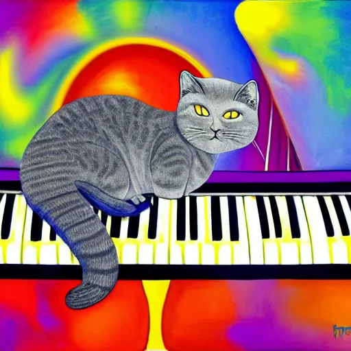 Image similar to portrait of a grey british shorthair cat sitting on wavy piano keys with musical notes in the background detailed colorful luminescent oil painting in the style of laurel burch and lisa frank 4 k