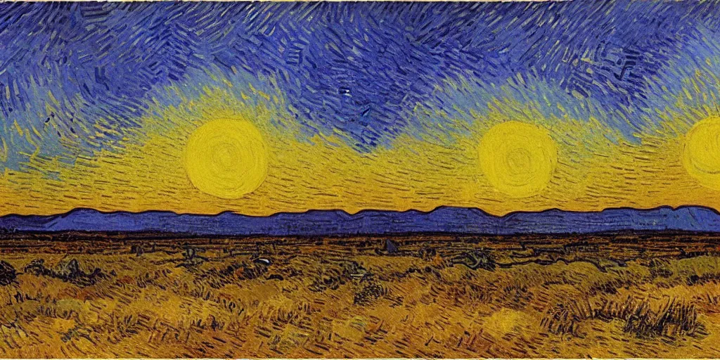 Prompt: a painting of an expansive african plain during a sunset by van gogh