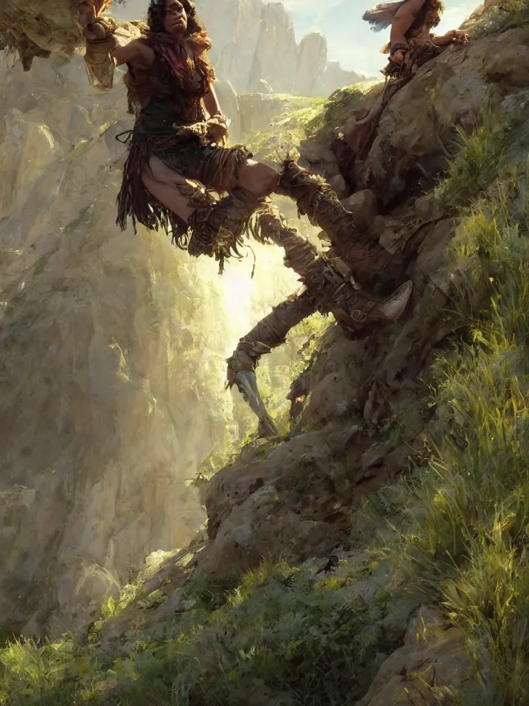 Prompt: oil art close - up view of one single young roma mage adventurer climbing down a cliffside in style of disco elysium character, gipsy jester character design from ravenloft, art by anders zorn, wonderful masterpiece by greg rutkowski, beautiful cinematic light, american romanticism by greg manchess, jessica rossier