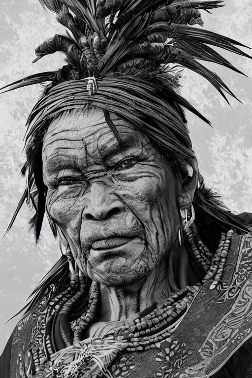 Image similar to 8K detailed illustration of a wise old shaman from the an ancient civilization indonesian in the style of Yoji Shinkawa, high resolution