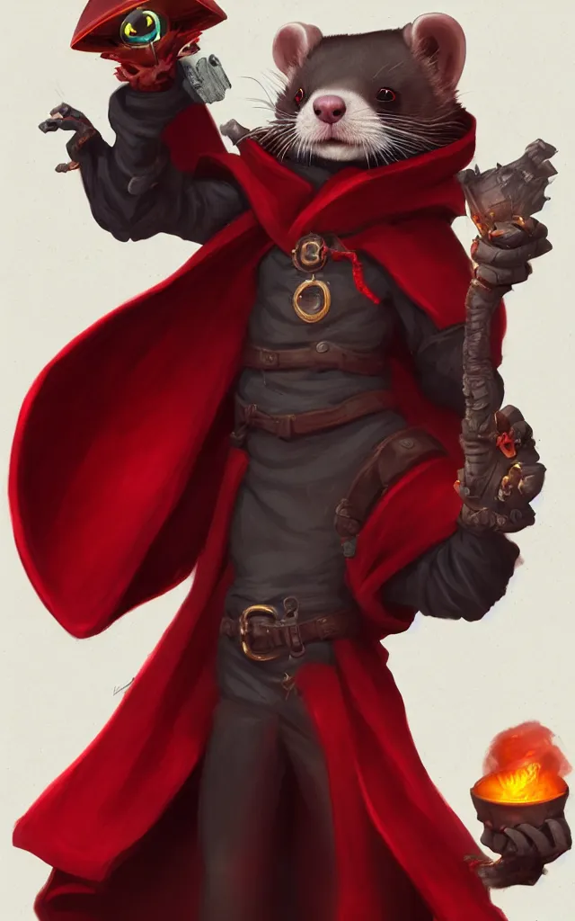 Prompt: a anthropomorphic ferret is a dark warlock dressed red robes, he's very menacing and evil, he's holding a fireball, hyperdetailed, artstation, cgsociety, 8 k