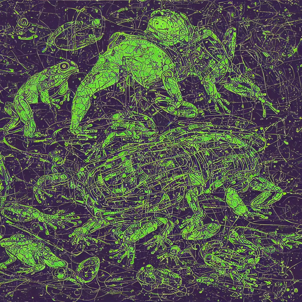 Image similar to toads, big toad, mechanical, technical, abstract, acrylic, oil, circuit board, computers, vektroid album cover, vectors, drips, dimensions, tears, leaks, glitches, frogs, amphibians, geometry, data, datamosh, motherboard, minimal, code, cybernetic, painting, dark, eerie, cyber