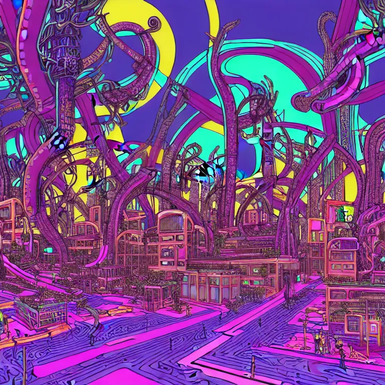 Prompt: a detailed digital art of glades made of industrial raves, buildings and devices in the style of lisa frank and moebius, giger, ornate, beautiful, award-winning art, artstation