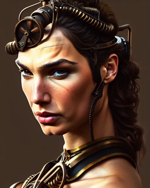 Prompt: steampunk portrait of gal gadot, au naturel, hyper detailed, digital art, trending in artstation, cinematic lighting, studio quality, smooth render, unreal engine 5 rendered, octane rendered, art style by klimt and nixeu and ian sprigger and wlop and krenz cushart.