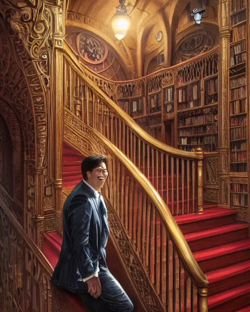 Image similar to a close up portrait of michael mcintyre & a blonde lady on staircase at livraria lello, real life skin, intricate, highly detailed, artstation, concept art, smooth, sharp focus, art by artgerm and greg rutkowski