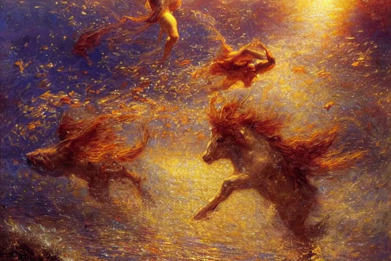 Image similar to portrait of goldfishes swarming the ocean. shadow and light. rays of light. energetic, dynamic, lively, detailed, intricate, complex. fine art by gaston bussiere.