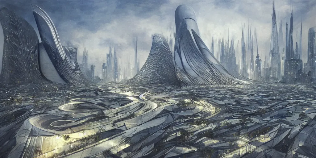 Prompt: a beautiful painting of epic fantasy islamic zaha hadid city by alan lee, trending on artstation detailed, digital painting, realistic