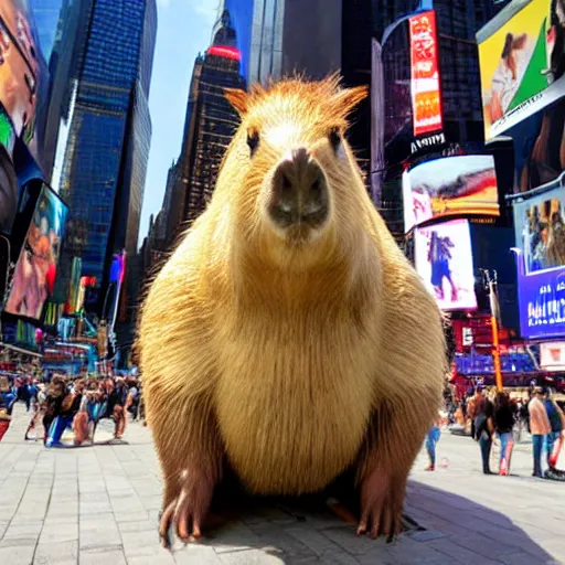 Image similar to a giant capybara taking over Times Square