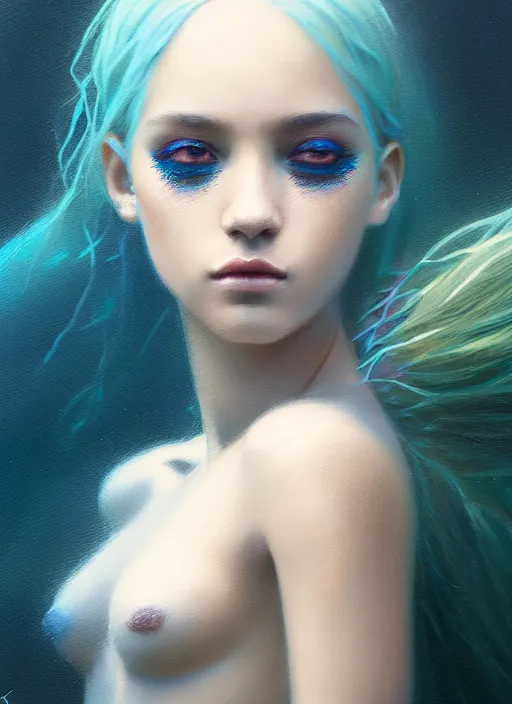 Image similar to portrait of mermaid, latina, rule of thirds, haze, intricate, anime, symmetrical!!, makeup, loreal, maybelline, sephora, trending on artstation, art by greg rutkowski and rachel suggs, filmic, vsco, concept art, digital painting, depth of field, cg society, elegant, model