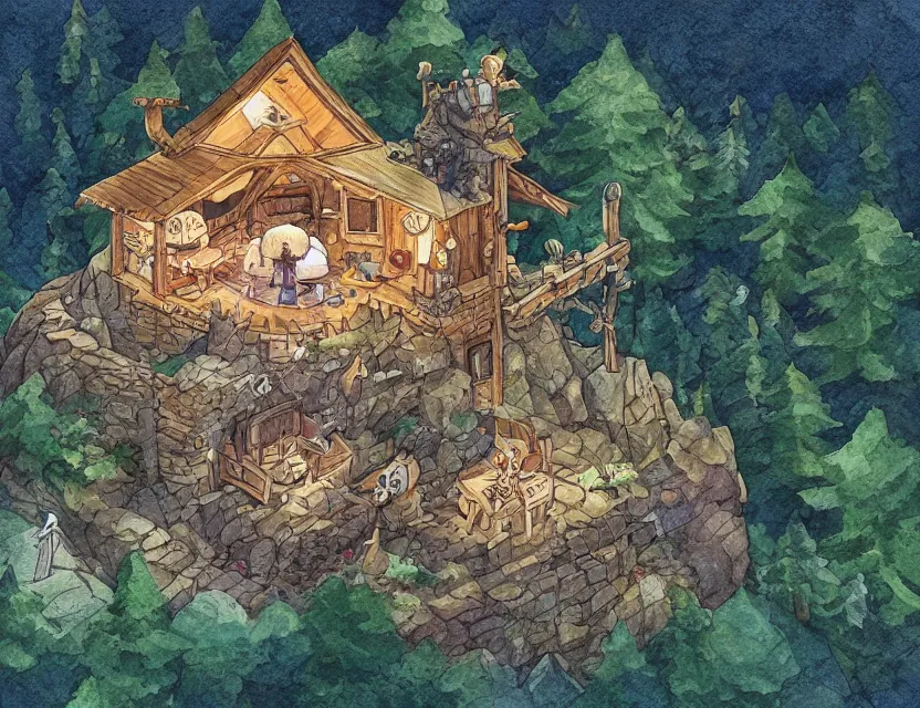 Prompt: cute and funny, a magicians cabin carved into a mountain, centered award winning watercolor pen illustration, isometric illustration by chihiro iwasaki, edited by range murata, sharply focused