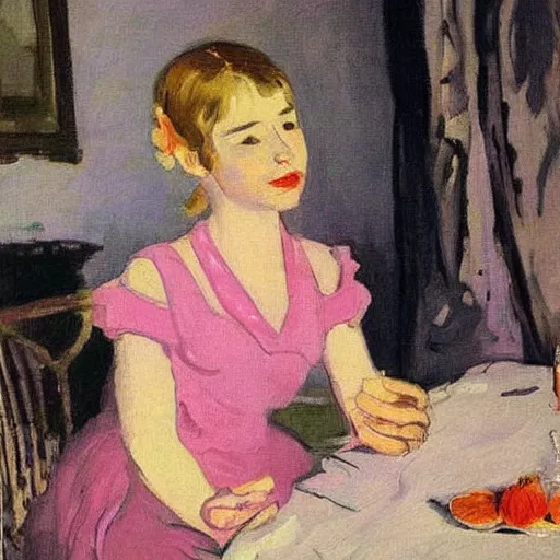 Prompt: a girl in a pink dress with folded hands on a table with peaches and iphones on a table sits at a table in a sunny room and looks at the camera, by valentin serov