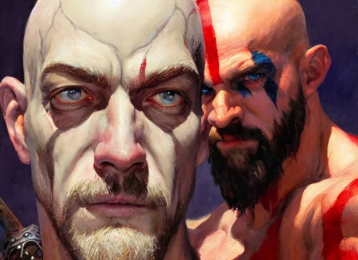 Prompt: a highly detailed beautiful portrait of j. k. simmons as kratos, by gregory manchess, james gurney, james jean