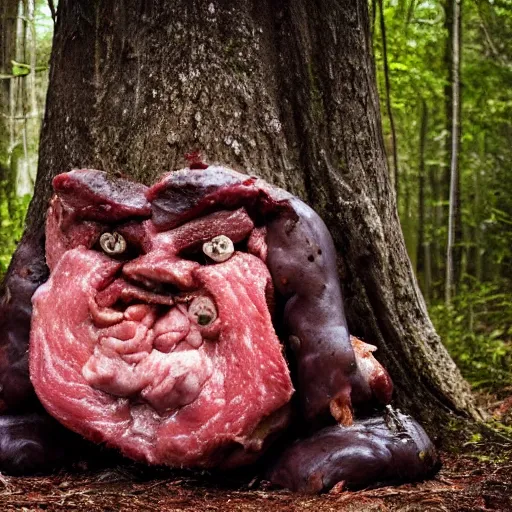 Image similar to big fat butcher with a scary face chops a piece of meat on the stump in a dark forest, old photo, scary, creepy, terrible atmosphere