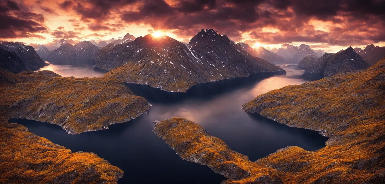 Image similar to amazing landscape photo of fjord in sunset by max rive, beautiful dramatic lighting