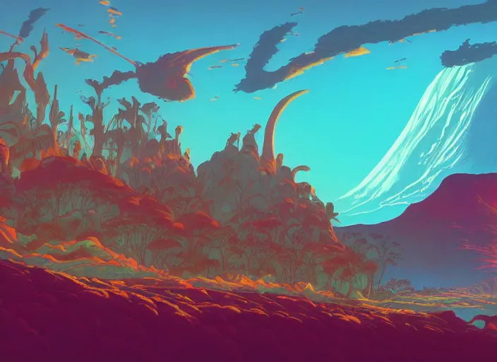 Image similar to psychedelic art of a prehistoric landscape with dinosaurs and volcanoes, detailed, cel shaded, by makoto shinkai and moebius and anton fadeev and james gurney