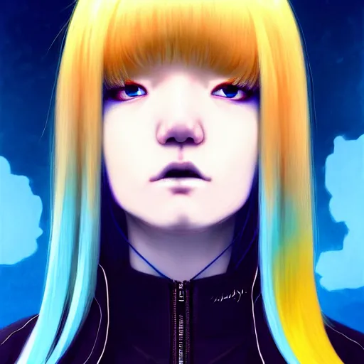 Image similar to full face shot of rimuru tempest, sky blue straight hair, long bangs, with amber eyes, wearing a black jacket, high collar, ultra detailed, concept art, award winning photography, digital painting, cinematic, wlop artstation, closeup, pixiv, evil, yoshitaka amano, andy warhol, ilya kuvshinov,