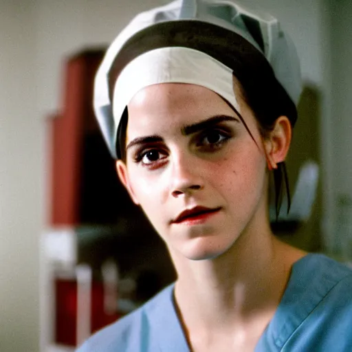 Image similar to emma watson, nurse scrubs, hospital, extreme far view, long shot, full body, award winning, kodak ektachrome expired blue tint,