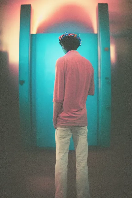 Image similar to kodak portra 4 0 0 photograph of a skinny guy looking into a otherworldly portal, flower crown, back view, vaporwave colors, grain, moody lighting, moody aesthetic,