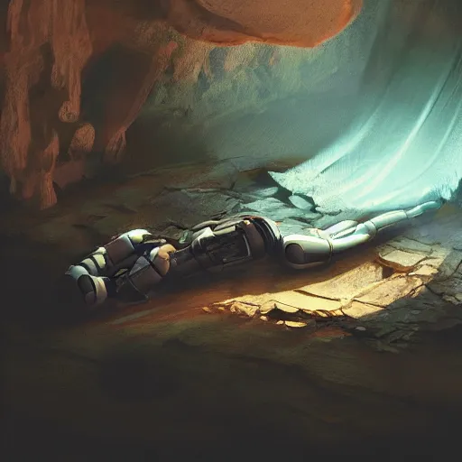 Prompt: a robot laying down on the floor in a dark slightly wet natural underground cave, made by Stanley Artgerm Lau, WLOP, Rossdraws, ArtStation, CGSociety, concept art, cgsociety, octane render, trending on artstation, artstationHD, artstationHQ, unreal engine, 4k, 8k,