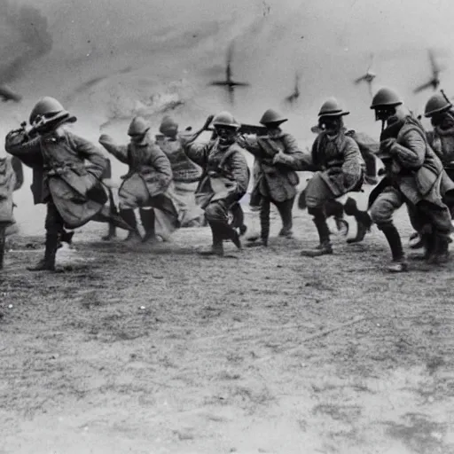 Prompt: ww 1 soldiers in gas masks storming no mans land, while airships and airplanes have in a dogfight in the sky