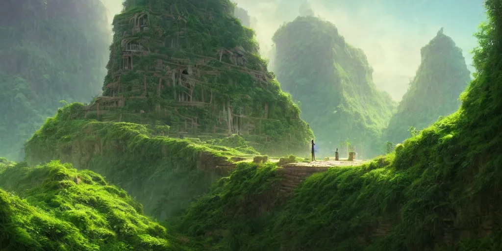 Image similar to a lost city on a cliff full of green plants and a long - haired loli standing in the middle of the road, 4 k resolution, ultra detailed, matte oil painting, mysterious, artstation, art by greg rutkowski