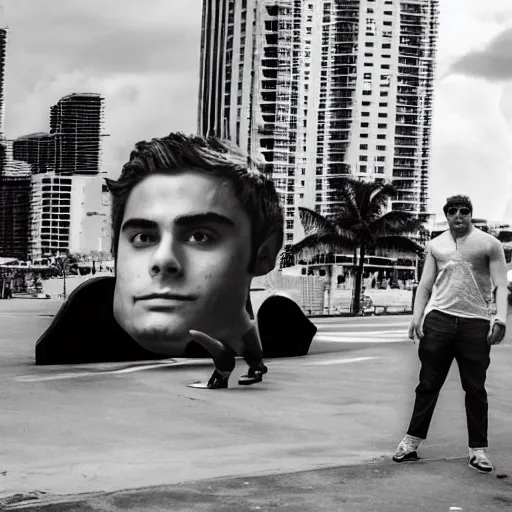 Image similar to Miami being invaded by gigantic fat Zac Efron, black and white picture, realistic, people screaming