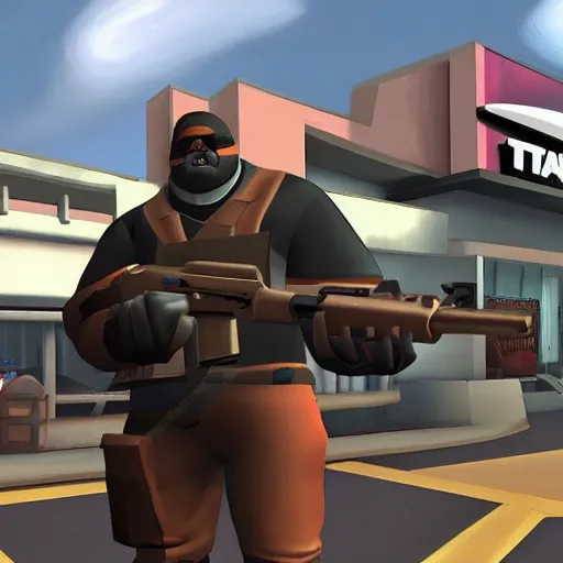 Image similar to heavy weapons guy from tf 2, in line at taco bell