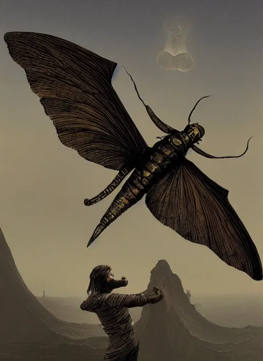 Prompt: giant manfly with long proboscis and wings, against dark background, fluid, smooth, organic, crazy, high contrast, sharpness, dramatic, by greg rutkowski and siudmak and richard corben and moebius