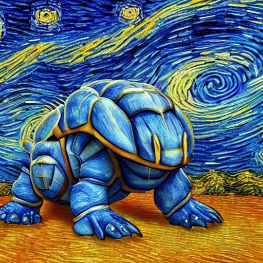 Image similar to highly detailed 3 d blastoise, the background is the starry nights by van gogh, oil - on - canvas painting, hdr, 4 k