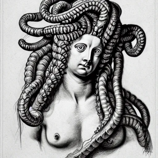 Image similar to portrait of the gorgon medusa, drawing, highly detailed, - h 7 0 4, upscaled