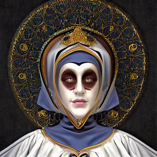 Image similar to beautiful female character inspired by venice carnival and nun | | digital artwork made by greg rutswork and lois van barlee, symmetrical, anatomically correct