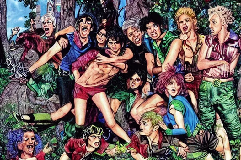 Image similar to 1 9 8 0's punk rock lost boys of neverland fighting an adult peter pan who abandoned them. london. art by glenn fabry. hyper realistic. london.