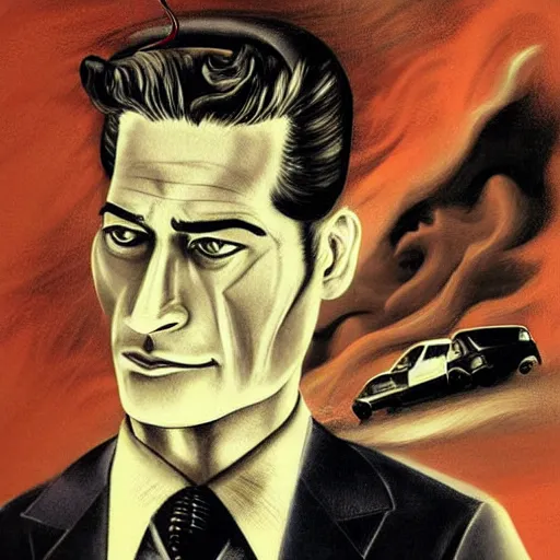 Image similar to dale cooper from twin peaks by dave mckean, hayao miyazaki, lucian freud, dramatic lighting, retro futurism, detailed, cgsociety, 5 0 s aesthetic,