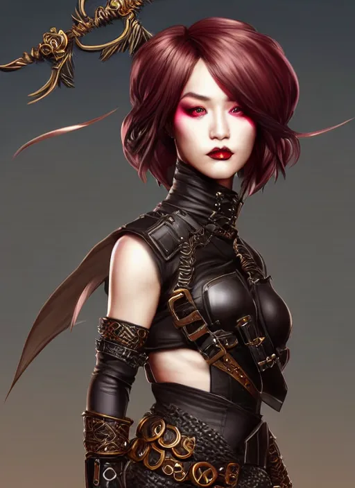 Prompt: rogue, fantasy ornate leather bandit outfit!!! beautiful and athletic short hair female!! gorgeous face and eyes!! character concept art, sharp focus, octane render! unreal engine 5! highly rendered!! trending on artstation!! detailed linework!! illustration by artgerm, chie yoshii, and wlop