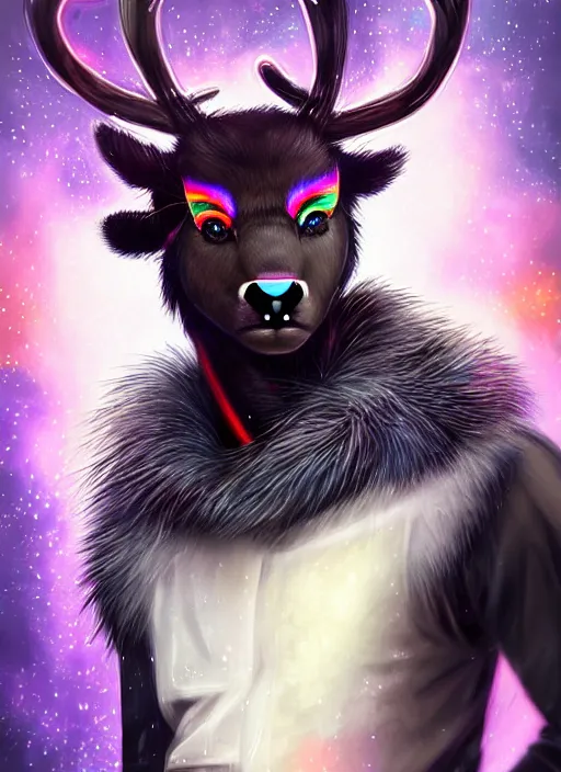 Image similar to award winning beautiful portrait commission of a male furry anthro Black Reindeer cyberpunk fursona with a tail, wings, wings, wings and a cute beautiful attractive detailed furry face wearing stylish black and rainbow galaxy clothes, outline, in a cyberpunk city at night while it rains. Character design by charlie bowater, ross tran, artgerm, and makoto shinkai, detailed, inked, western comic book art