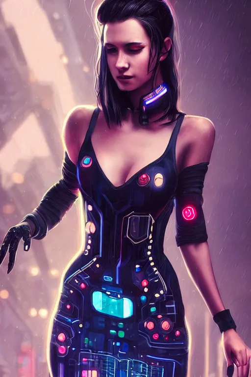 Prompt: full body photo of a gorgeous young woman wearing a cyberpunk dress in the style of stefan kostic, realistic, sharp focus, 8k high definition, insanely detailed, intricate, elegant, art by stanley lau and artgerm