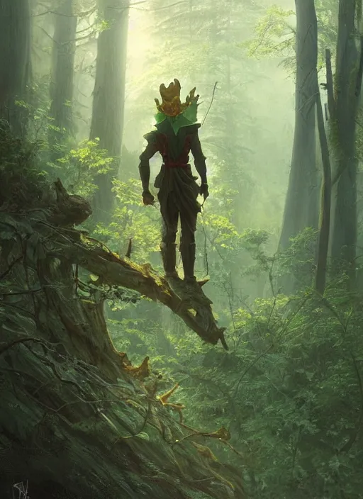 Image similar to elf man wearing dark green with a shield on his back standing at a forest looking for adventure in the mountains, tall trees, landscape is lush, moody sunset in background, greg rutkowski, alphonse mucha, trending on artstation, artgerm, unreal engine, breathtaking, award winning, highly detailed