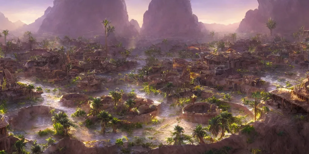 Image similar to Sprawling bustling high fantasy oasis desert village flowing with water, Cinematic Matte Painting, Insanely Detailed, Award Winning, Trending on Artstation, 8k, UHD
