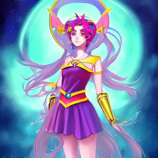 Prompt: a high fantasy portrait of a celestial magical girl, sailor moon, star guardians, very beautiful, very attractive, trending on artstation, cool color scheme, deviant art