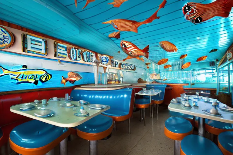 Image similar to 2 0 1 5 fish themed underwater american diner, googie architecture, two point perspective, americana, fishcore, restaurant interior photography, 8 5 mm, photo by jeff brouws