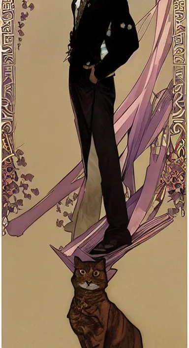 Image similar to Full body portrait of a pretty catboy in his twenties in fancy clothes. Art by Greg Rutkowski and Alphonse Mucha