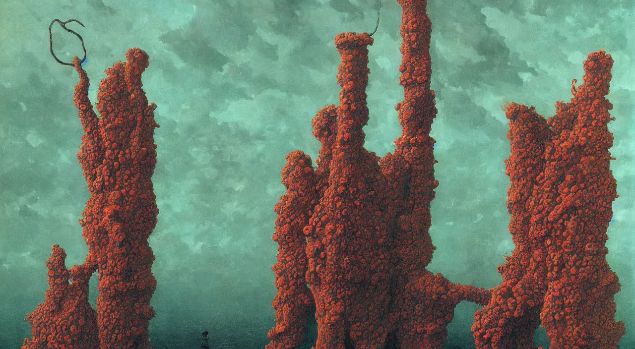 Image similar to single flooded coral beksinski tentacle tower, very coherent and colorful high contrast!! masterpiece by rene magritte simon stalenhag carl spitzweg syd mead norman rockwell edward hopper james gilleard, high detail, dark shadows, sunny day, hard lighting