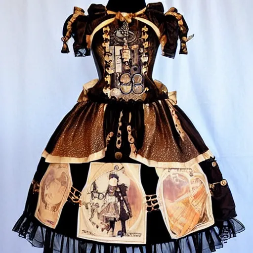 Image similar to A mechanical-steampunk themed lolita outfit ; the fabric has pictures of galaxies moons and stars on it. A beautiful lolita dress, Angelic Pretty!dream a steampunk themed lolita outfit ; the fabric has pictures of gears and bolts on it. A beautiful lolita dress, Angelic Pretty