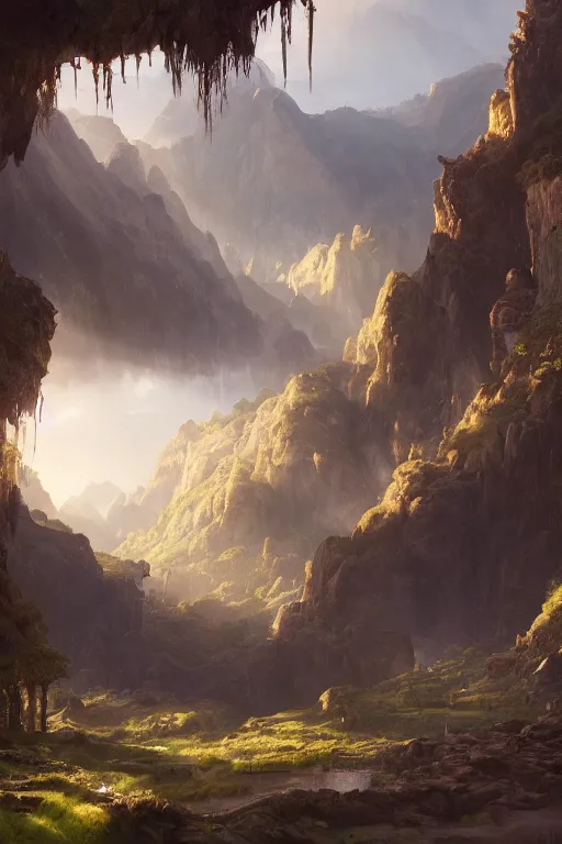 Image similar to the lost valley, landscape, alex ross, eddie mendoza, raphael lacoste, sebastian ludke, concept art, matte painting, highly detailed, rule of thirds, dynamic lighting, cinematic, detailed, magnificiant landscape, denoised, centerd